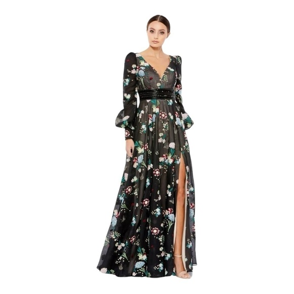 Mac Duggal Dresses & Skirts - Mac Duggal Embroidered Bishop Sleeve V Neck Flowy Gown Size 10 NWT